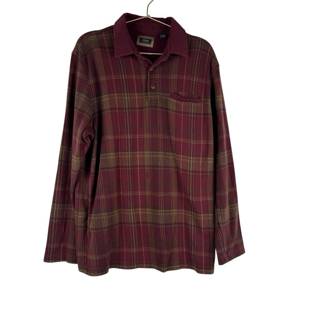 Arrow Long Sleeve Polo Shirt VTG Dad Dark Red‎ Plaid Check Adult Large Retro 230